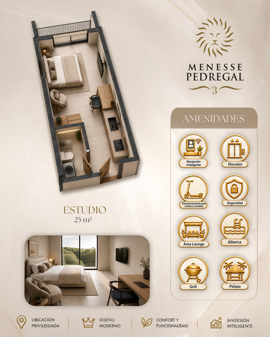 Developer technical sheet for the 25 square metre studio plan